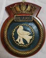 HMS Blake - Ship Crest Plaque, Hand-Painted Metal, Solid Mahogany Mount, 662g