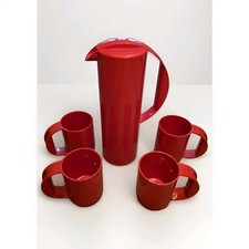 Danish Mepal Rosti Retro Red Lidded Water Martini Jug & 4 Stackable Mugs  Picnic