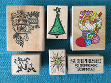 JOB LOT  6 x CHRISTMAS Wooden Rubber Stamp Bundle - Tree Star Reindeer Stocking