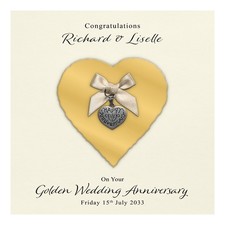 Handmade Personalised Golden 50th Wedding Anniversary Card - Heart Charm