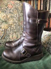 FLY London Mes 2 Brown Leather Mid Calf Wedge Heeled Boots Size 5/38