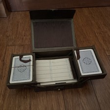 A Rare And Unusual Antique Leather Cantilever Playing Card Box With Cards