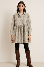 The Meaning Well Floral Smock Dress Beige Grey Size M Loose Fit Upcycled Fabric 