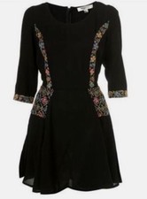 Topshop Kate Moss Black Embroidered Mini Folk Fit & Flare Dress - Size 10