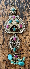 Antique Mughal Kundan Pendant Ruby Emerald Glass Gilt Indian Jewelry 5.25”