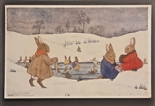 Margaret Tempest Postcard 1938 Fun On The Ice Anthropomorphic Rabbits Ice Skate