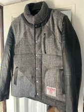 Harris Tweed upcycled Jacket black  leather sleeves padded zip up biker men's XL