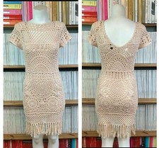 Topshop Ladies 8 XS Dress Beige Nude Crochet Knit Macrame Fringe Tassel Sheer