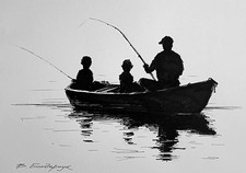 Fishermen sketch art. Original drawing with black marker minimalist illustration