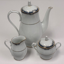 NORITAKE IMPRESSION COFFEE POT SUGAR BOWL JUG P576 CERAMIC WHITE BLUE GOLD 1980S