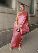 ZARA FEATHERED SATIN LONG DRESS FUCHSIA NEW SS25 SIZE M REF. 7602/484