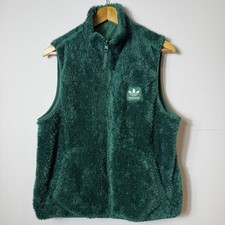 Adidas Gilet Jacket Green Fluffy Fleece Reversible Full Zip Retro Unisex Small