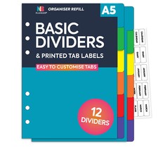 12-part Filofax A5 COMPATIBLE basic card dividers with clear printed tab labels