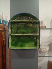 Vintage Green Blue Enamel Ceramic Wall Shelf 20th Century Console Pottery