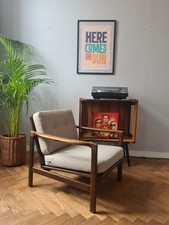 Beige Linen Century Vintage Danish Style Armchair 1960s-70s