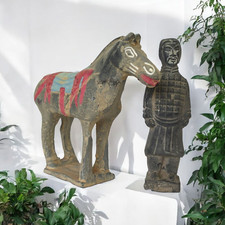 Terracotta Warrior and Horse - Set of 2 Figures - 12cm - Brocade Gift Box