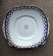 DIAMOND CHINA / CAKE PLATE / BLUE AND GOLD COLOURED DECORATION