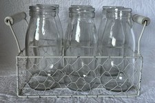 Six  1/2 Pint Mini Milk Bottles in a Wire Basket Carrier Barbecue Party Wedding