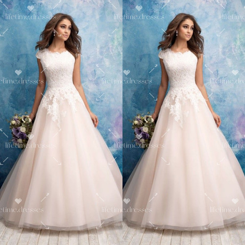 Blush pink lace wedding dress - pink,