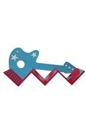 Guitar Shaped Wooden Book Toys Rack Holder, Stars & Zigzag Design, Blue & Red