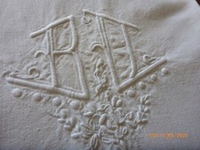 Vintage French Linen Top Sheet Monogram BD Large White Bed Sheet 85" x 120"