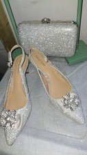 ROLAND CARTIER NEW LOW HEEL SILVER SHIMMER PEARL SHOES & MATCHING BAG UK 8 41