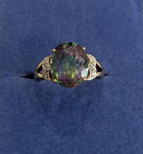 9ct Yellow Gold Mystic Topaz & Diamond Solitaire Ring  Size N 1/2  Full Hallmark