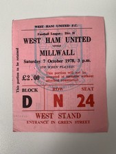 West Ham United v Millwall Ticket Stub League Division One 7th October 1978.