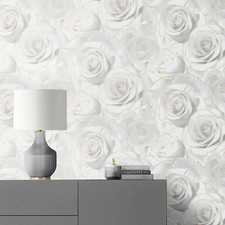 Glitter Madison Rose Muriva Wallpaper 139525 White/Gold Luxury Large Flowers