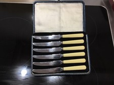 6 Vintage Stainless Tea Knives Boxed Lewis Rose Sheffield Ivorine Handles C 1960