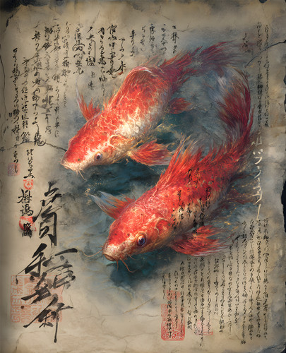Two red koi swimming through - red,