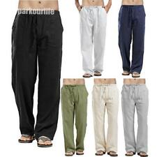 Mens Linen Baggy Trousers Wide Leg Elastic Waist Casual Loose Harem Pants Cotton