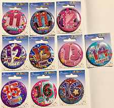 Small Birthday party badge, 5.5cm/2.2", age 11-16, various designs, brand new