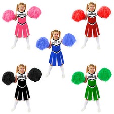 CHILD'S CHEERLEADER FANCY DRESS COSTUME WITH POM POMS BLACK BLUE GREEN PINK RED