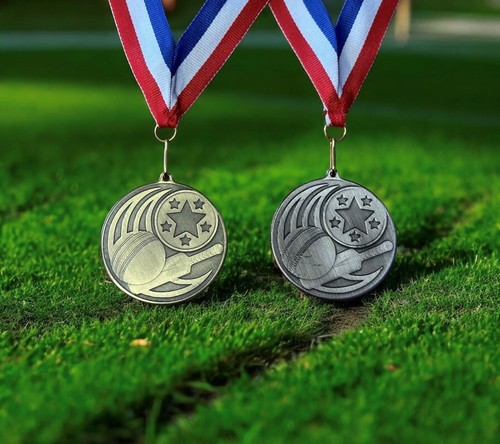 Cricket medal ribbon - on, silver