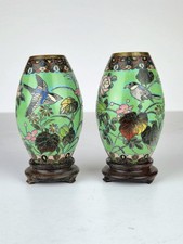 Pair Antique Japanese Cloisonne Vases Birds & Flowers Barrel Shape w/ Stands