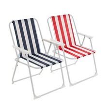 Metal Garden Armchair Folding Portable Camping Beach, Blue & Red Stripe x2