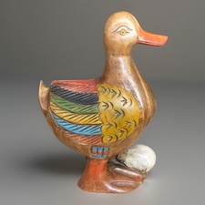 Large Vintage Hand Carved Wooden Duck With Egg ornament Or Door Stop Approx 12”