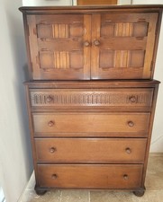 Priory Solid Oak Wood Drawers Cabinet Tallboy Cupboard Cocktail Drinks Vintage