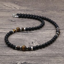 Men's Natural Stone Bead Necklace Tiger Eye, Smooth, Matte Black