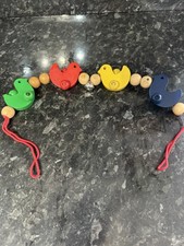 Vintage Wooden Baby Pram Toy Bead Chain – Colourful Birds & Bell