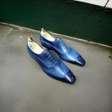 Handmade Two Tone Blue Wing Tip Real Leather Lace Up Forma Party & Dress Shoes