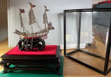 Chinese Junk Boat in Glass Case with Plinth Sterling Silver Ornament