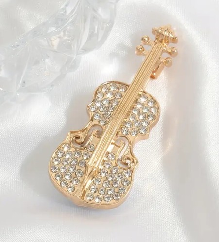 Gold rhinestone violin brooch - rhinestone,