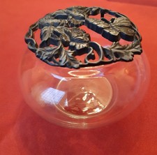 Vintage Glass Potpourri Bowl With Pewter Floral And Butterfly Lid