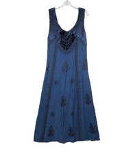 Womens Embroidered Dress Blue Acid Wash Maxi Whimsigoth Boho Pagan Velvet One Sz
