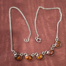 Vintage 925 Sterling Silver & Natural Amber  Necklace 14. 5" 37cm