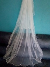 white wedding veil 2 tier chapel length drop pearl edge V622