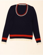 VINTAGE Womens Boat Neck Jumper Sweater UK 10 Small Navy Blue Colourblock BX07