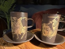 Purbeck Pottery Medieval Pursuit Mugs & Saucers Set England 1970s Vintage